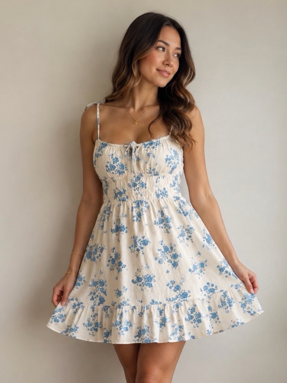 Hollister Floral Smocked Mini Dress in white and blue